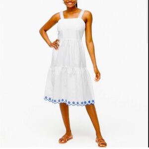J. Crew Embroidered Saffron scalloped tiered white blue trim dress $128
